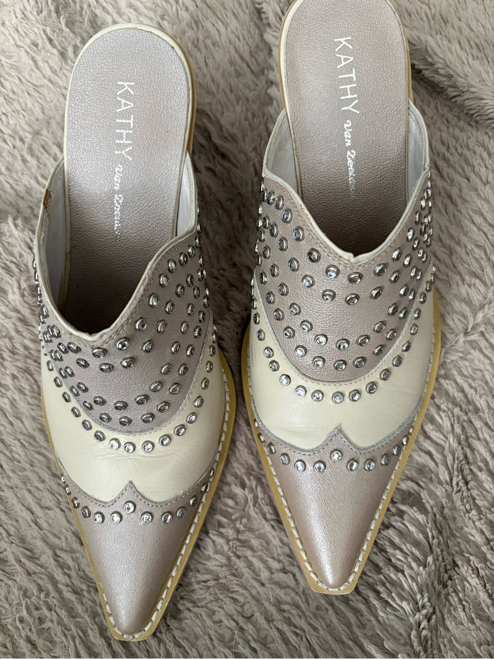 Kathy Van Zeeland Two-Tone Studded Pointed Mules in Beige and Cream